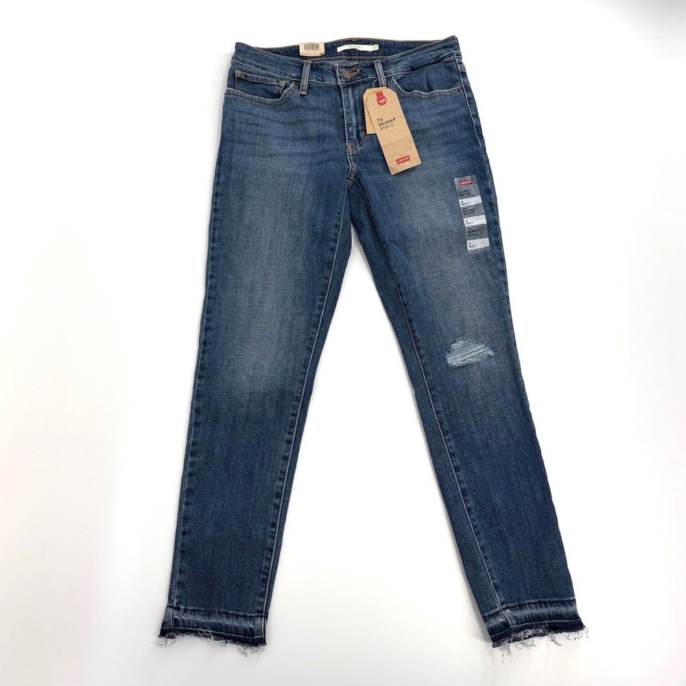 Levi's 711 Skinny Ankle Jeans Womens 4 W27 Blue NEW Distressed Raw Hem Denim